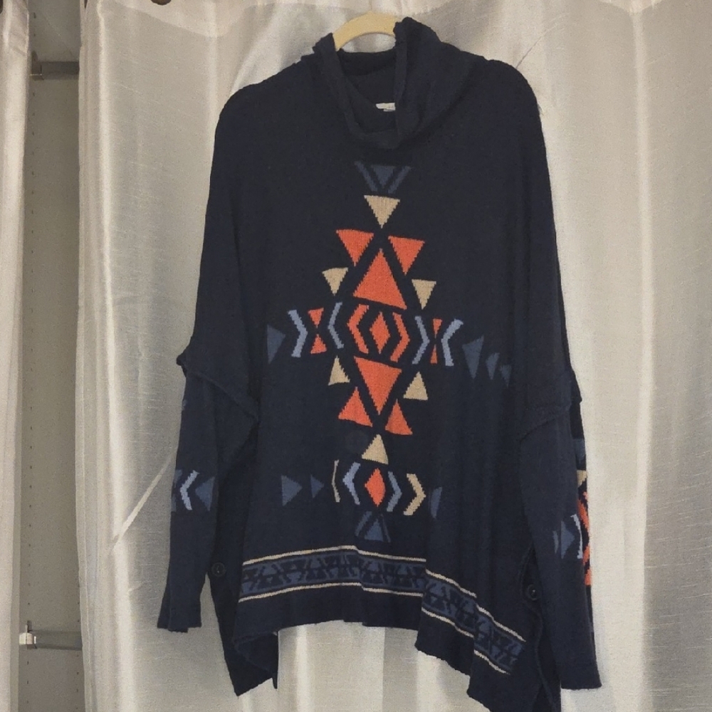 J. Jill Navy Poncho with Geometric Design